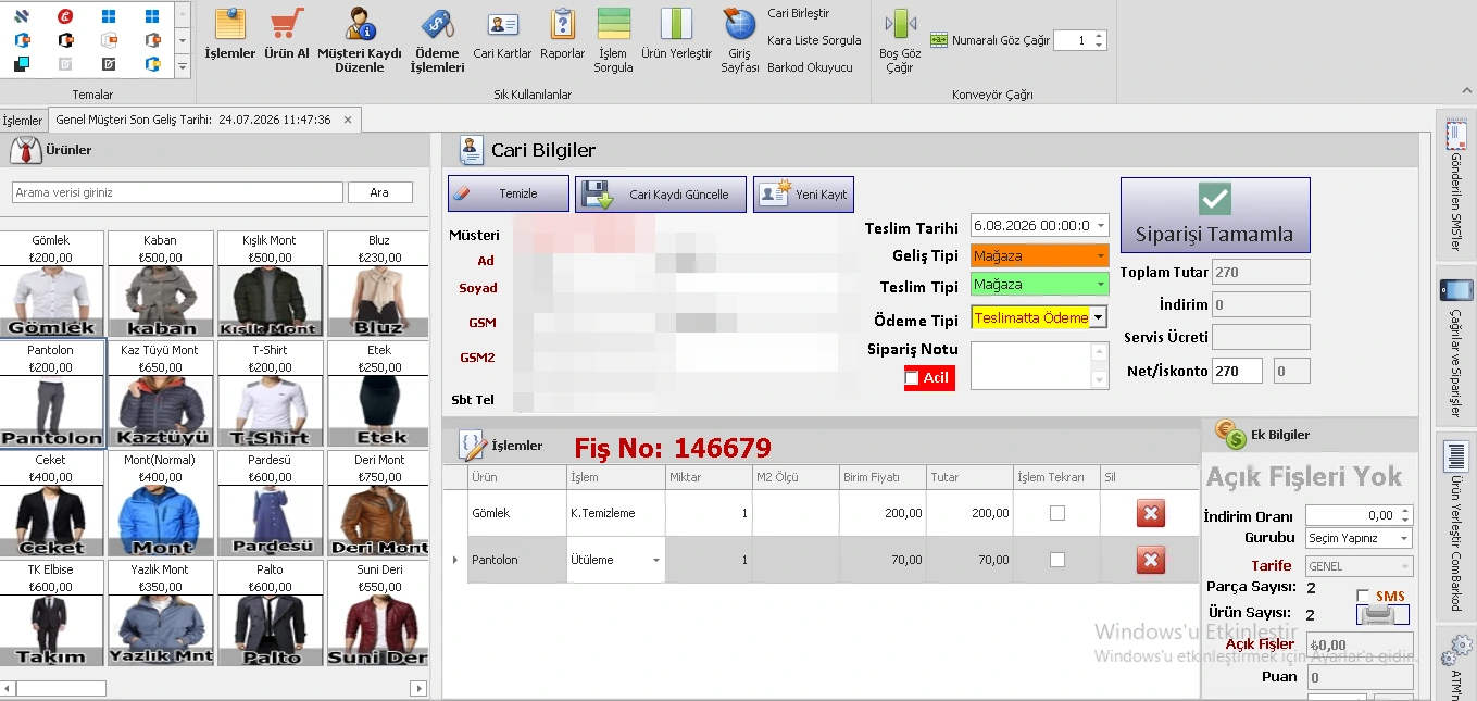 ECM Soft yeni sipariş ekranı